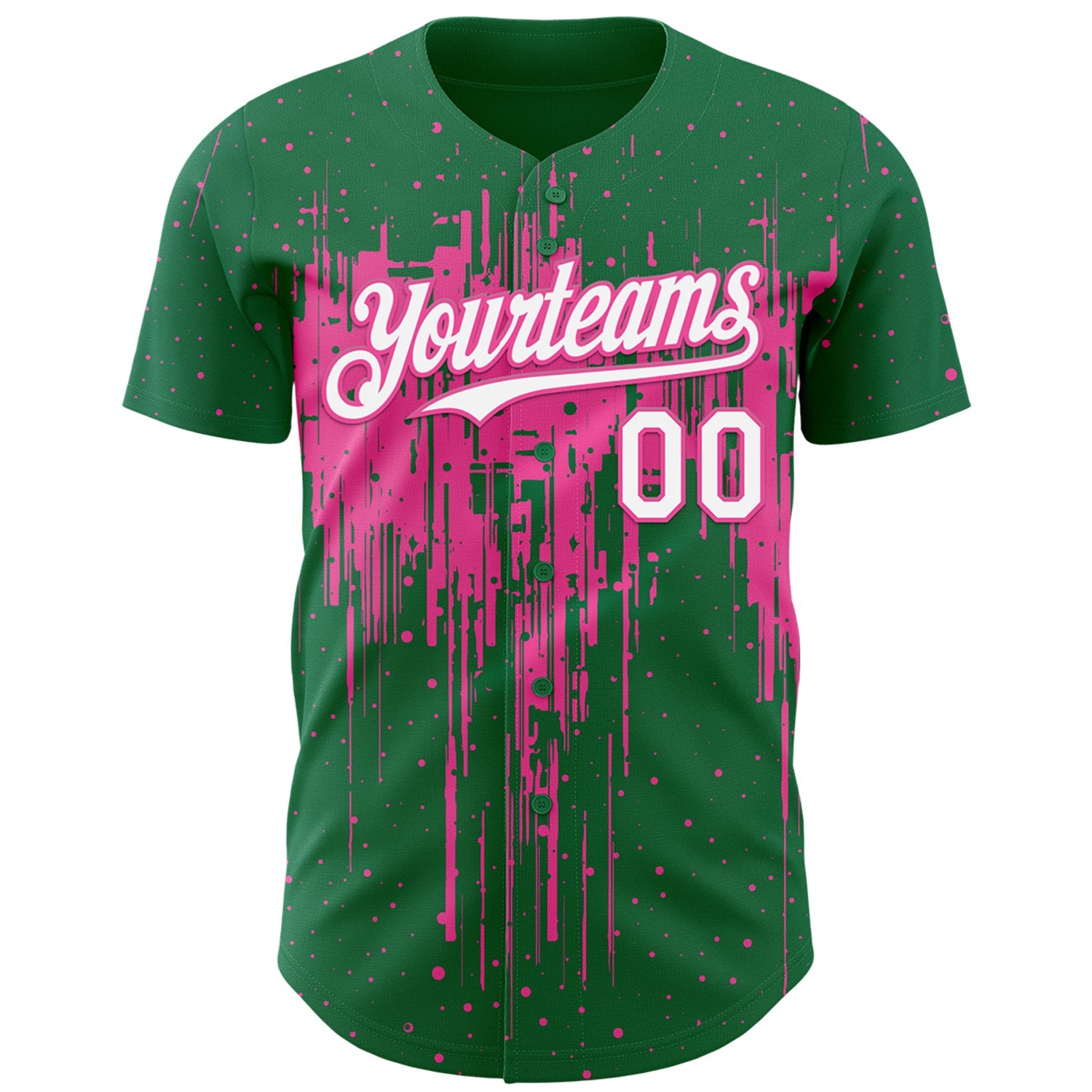 Custom Kelly Green White-Pink Dripping Splatter Paint Authentic Baseball Jersey view 2