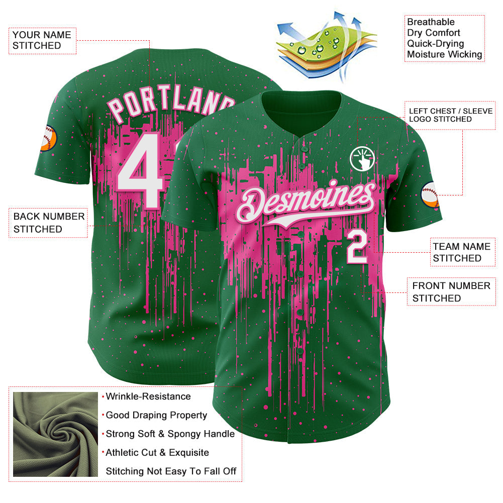Custom Kelly Green White-Pink Dripping Splatter Paint Authentic Baseball Jersey view 3