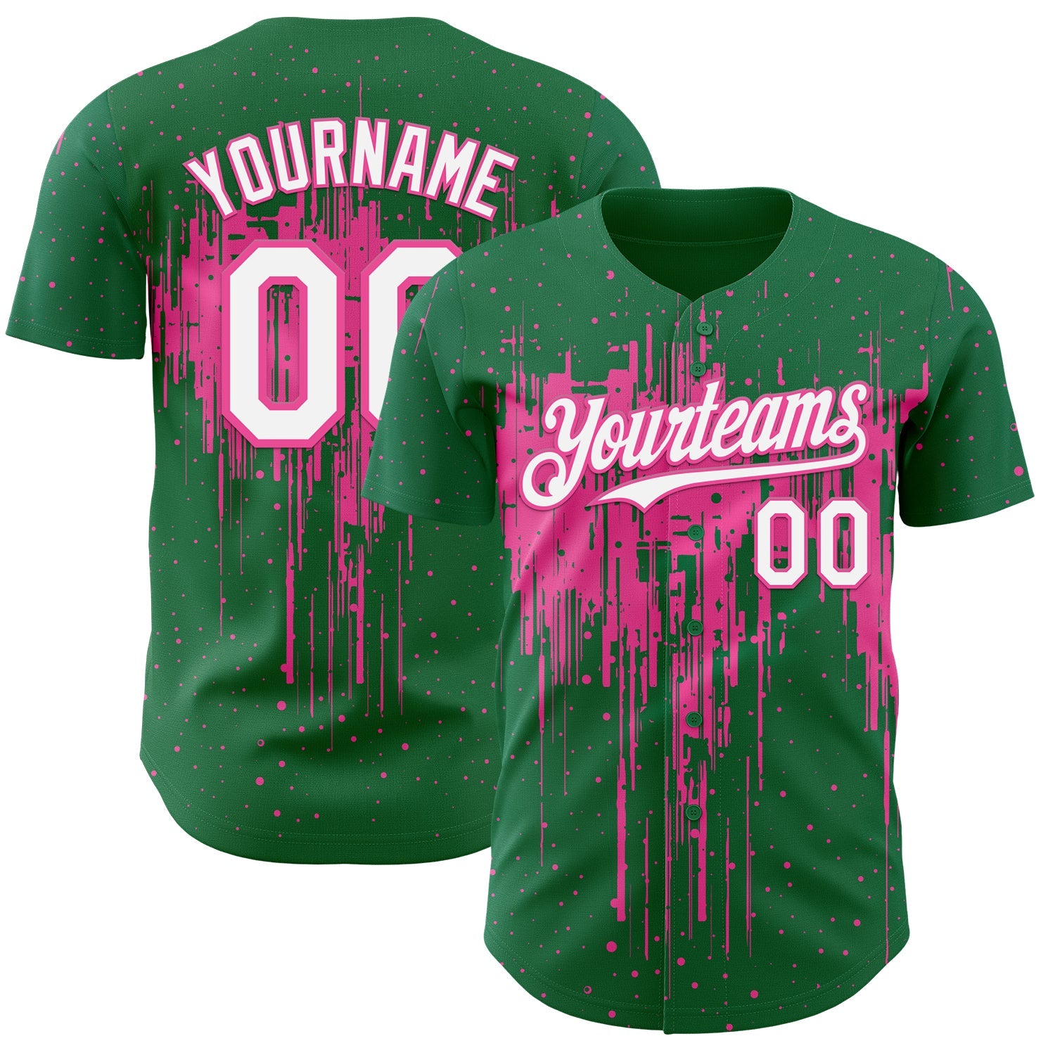 Custom Kelly Green White-Pink Dripping Splatter Paint Authentic Baseball Jersey - Main View
