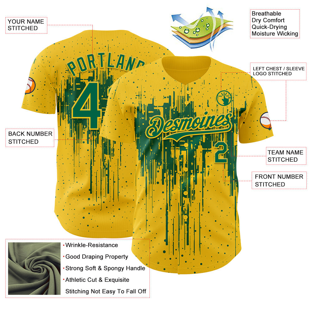 Custom Yellow Kelly Green Dripping Splatter Paint Authentic Baseball Jersey view 3