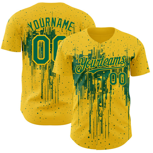 Custom Yellow Kelly Green Dripping Splatter Paint Authentic Baseball Jersey - Main View