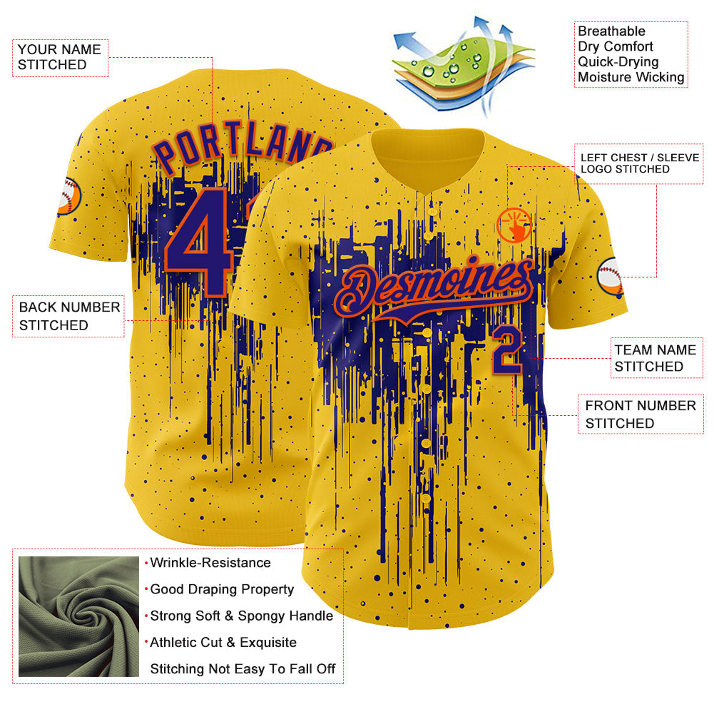 Custom Yellow Dark Purple-Orange Dripping Splatter Paint Authentic Baseball Jersey view 3
