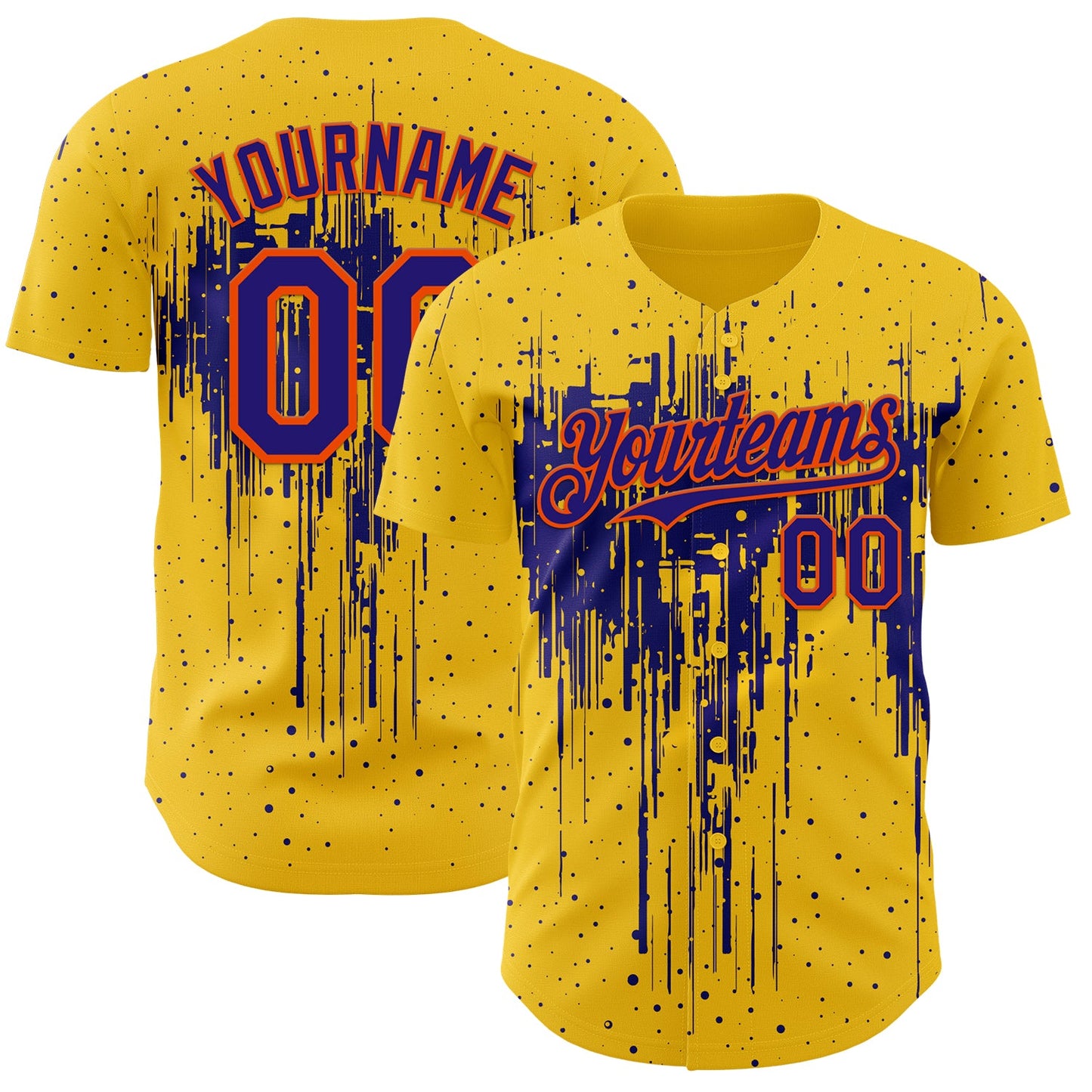 Custom Yellow Dark Purple-Orange Dripping Splatter Paint Authentic Baseball Jersey - Main View