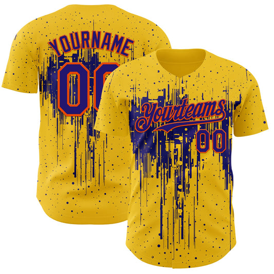 Custom Yellow Dark Purple-Orange Dripping Splatter Paint Authentic Baseball Jersey - Main View
