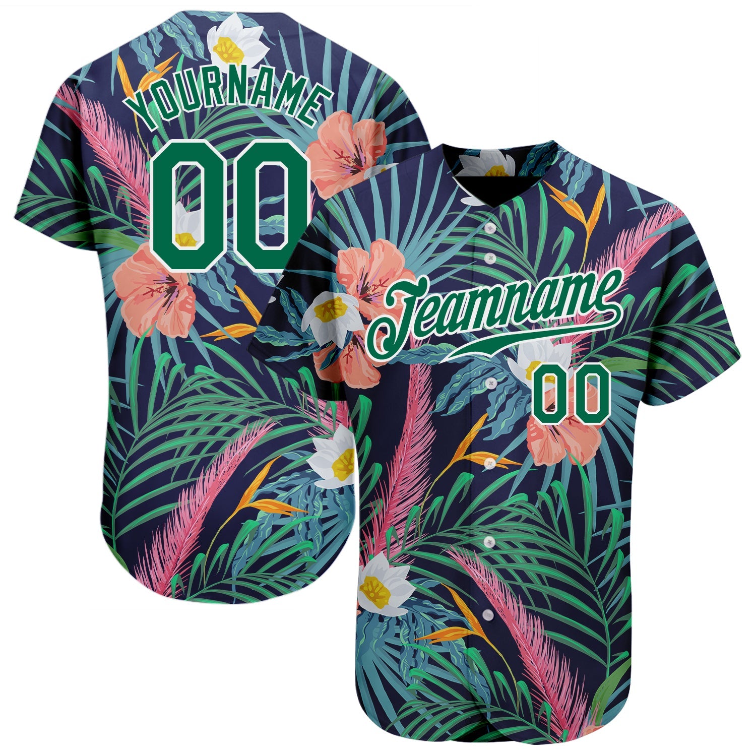 Custom Black Kelly Green-White 3D Pattern Design Hawaii Palm Leaves And Flowers Authentic Baseball Jersey - Main View