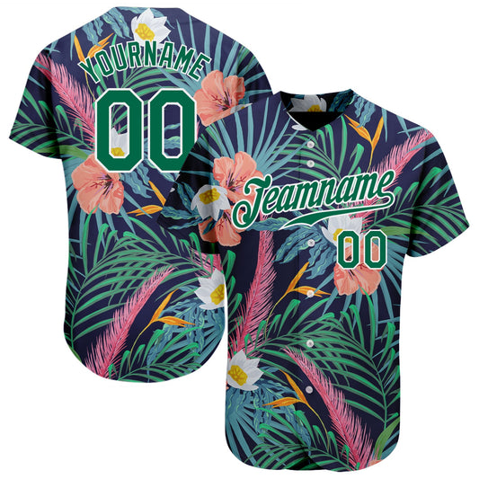 Custom Black Kelly Green-White 3D Pattern Design Hawaii Palm Leaves And Flowers Authentic Baseball Jersey - Main View