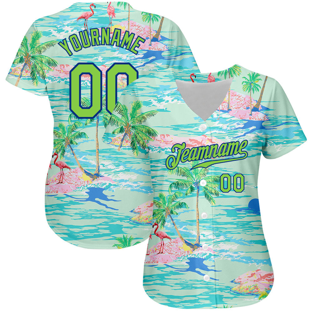 Custom Lakes Blue Neon Green-Royal 3D Pattern Design Beach Hawaii Palm Trees And Flamingo Authentic Baseball Jersey view 3