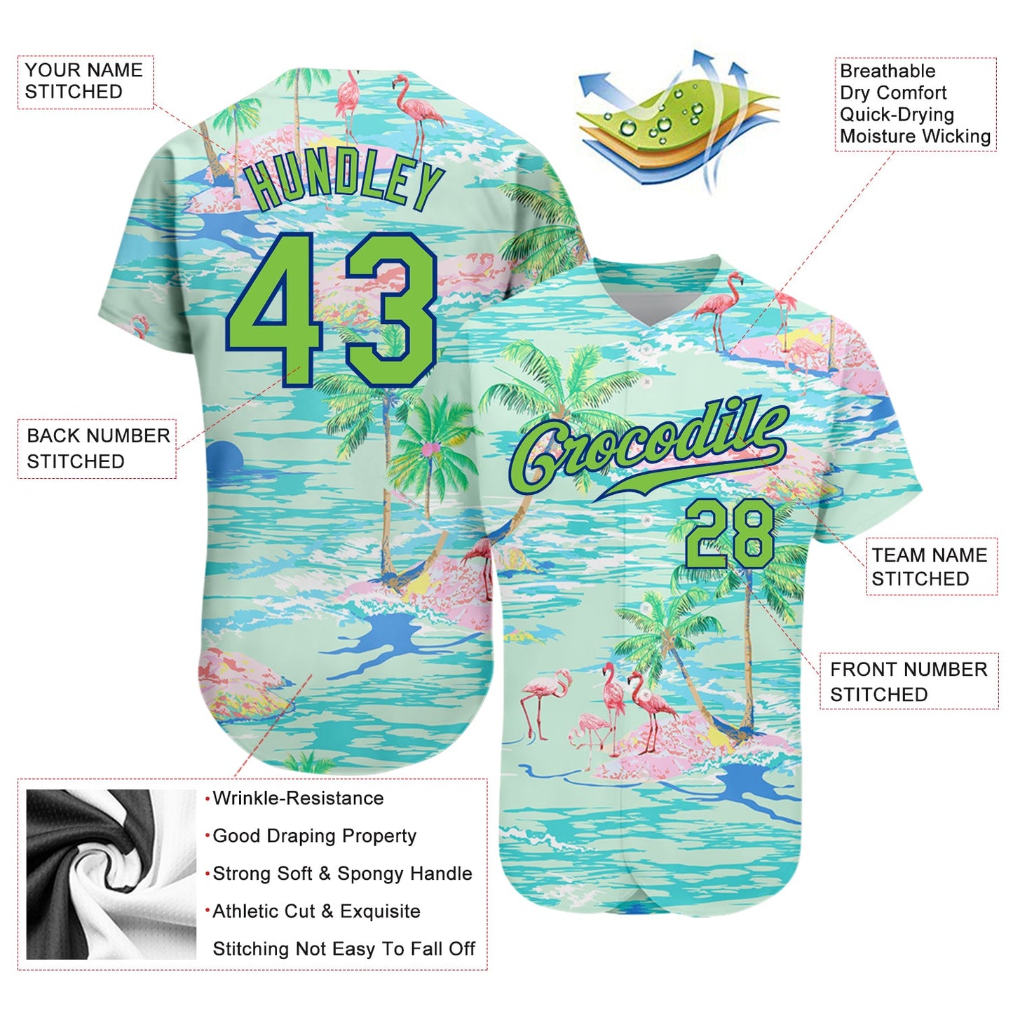 Custom Lakes Blue Neon Green-Royal 3D Pattern Design Beach Hawaii Palm Trees And Flamingo Authentic Baseball Jersey view 4