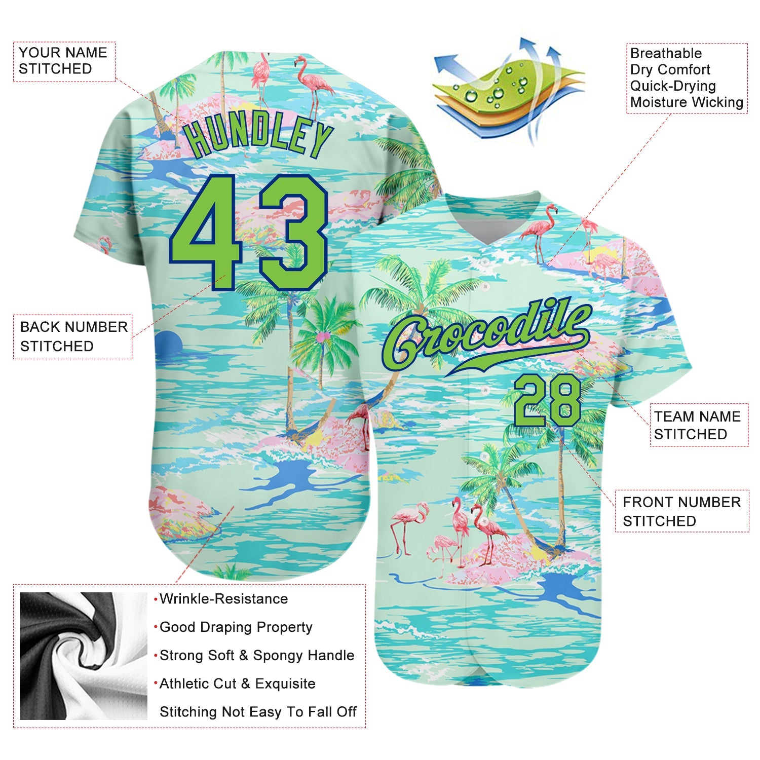 Custom Lakes Blue Neon Green-Royal 3D Pattern Design Beach Hawaii Palm Trees And Flamingo Authentic Baseball Jersey view 4