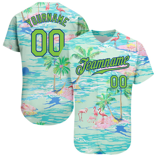 Custom Lakes Blue Neon Green-Royal 3D Pattern Design Beach Hawaii Palm Trees And Flamingo Authentic Baseball Jersey - Main View