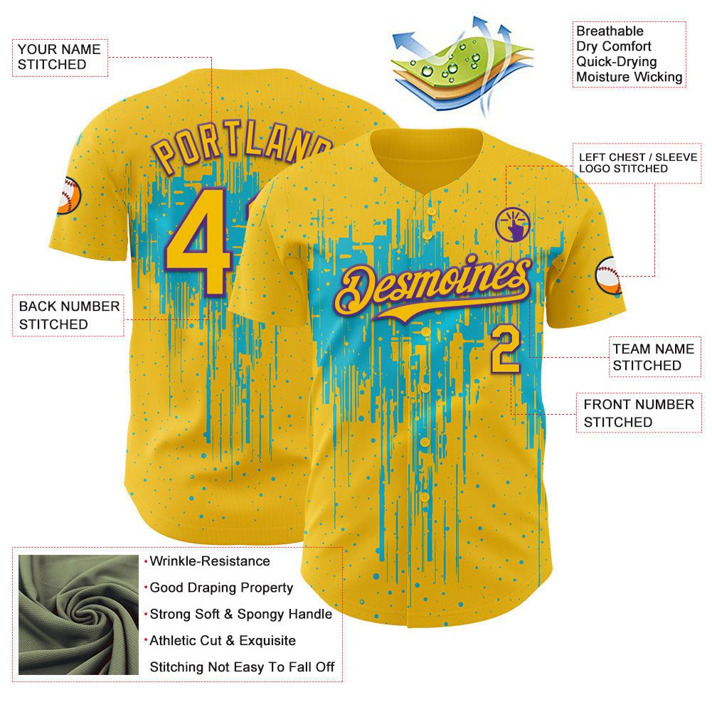 Custom Yellow Purple-Lakes Blue Dripping Splatter Paint Authentic Baseball Jersey view 3