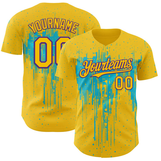 Custom Yellow Purple-Lakes Blue Dripping Splatter Paint Authentic Baseball Jersey - Main View