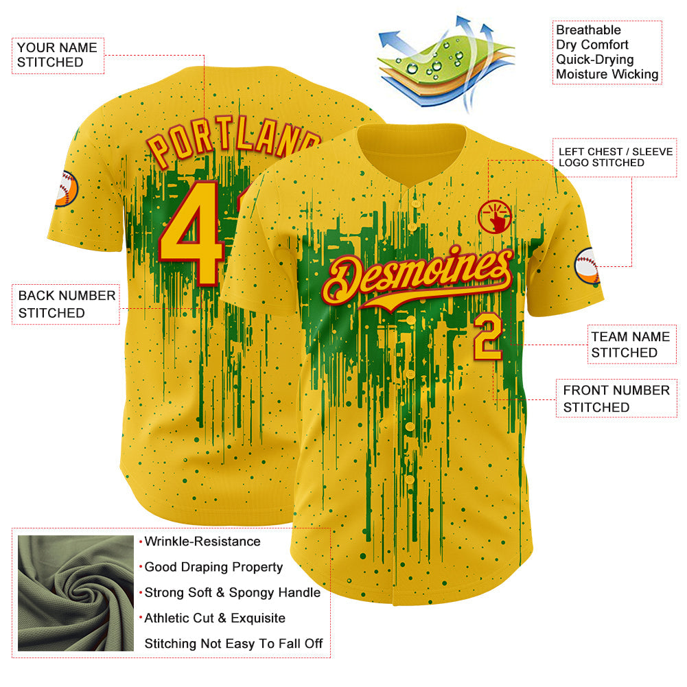Custom Yellow Red-Grass Green Dripping Splatter Paint Authentic Baseball Jersey view 3