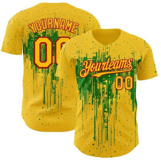 Custom Yellow Red-Grass Green Dripping Splatter Paint Authentic Baseball Jersey - Main View