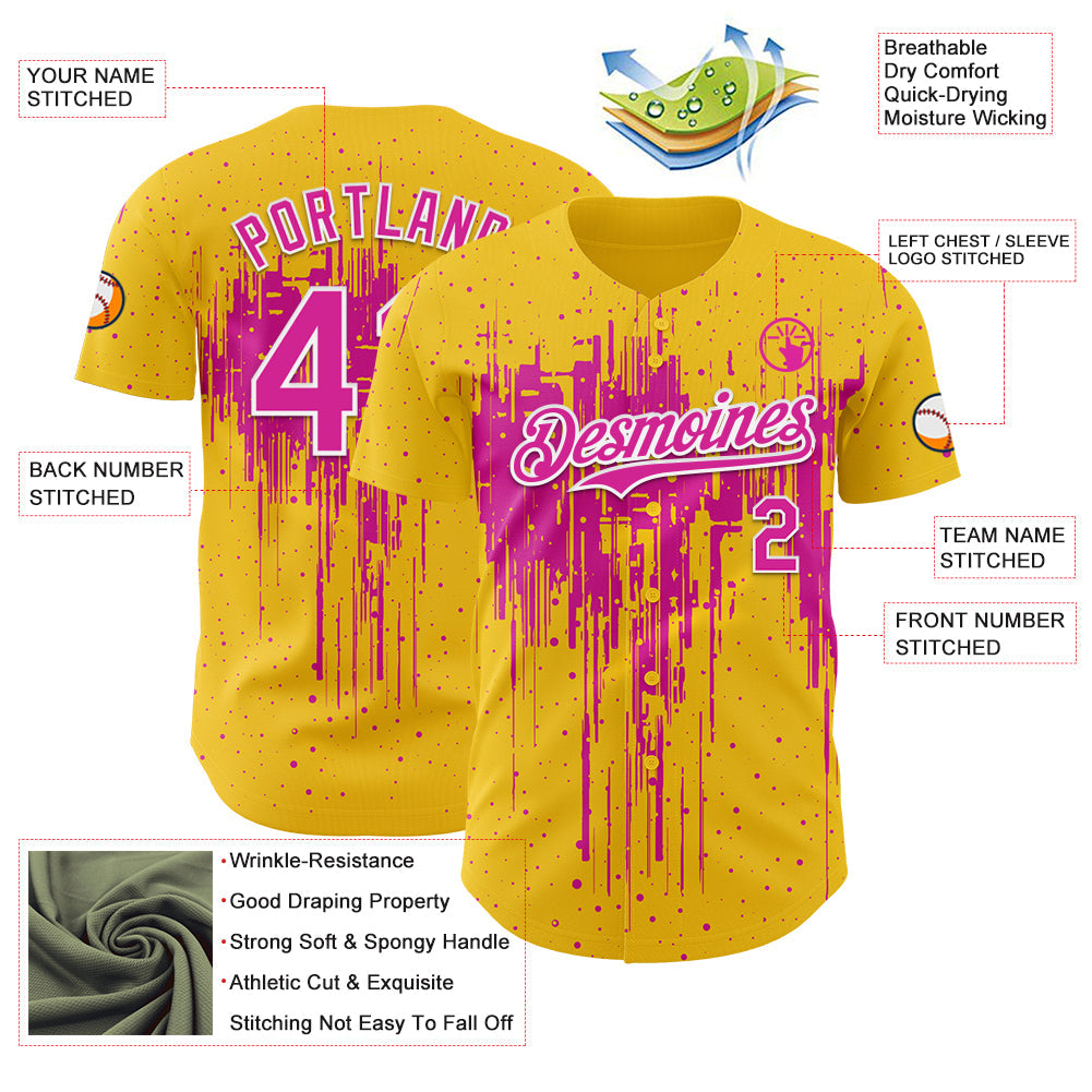 Custom Yellow Deep Pink-White Dripping Splatter Paint Authentic Baseball Jersey view 3