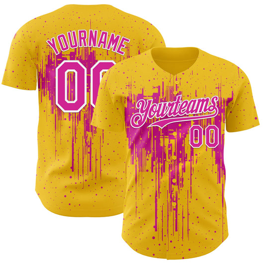 Custom Yellow Deep Pink-White Dripping Splatter Paint Authentic Baseball Jersey - Main View