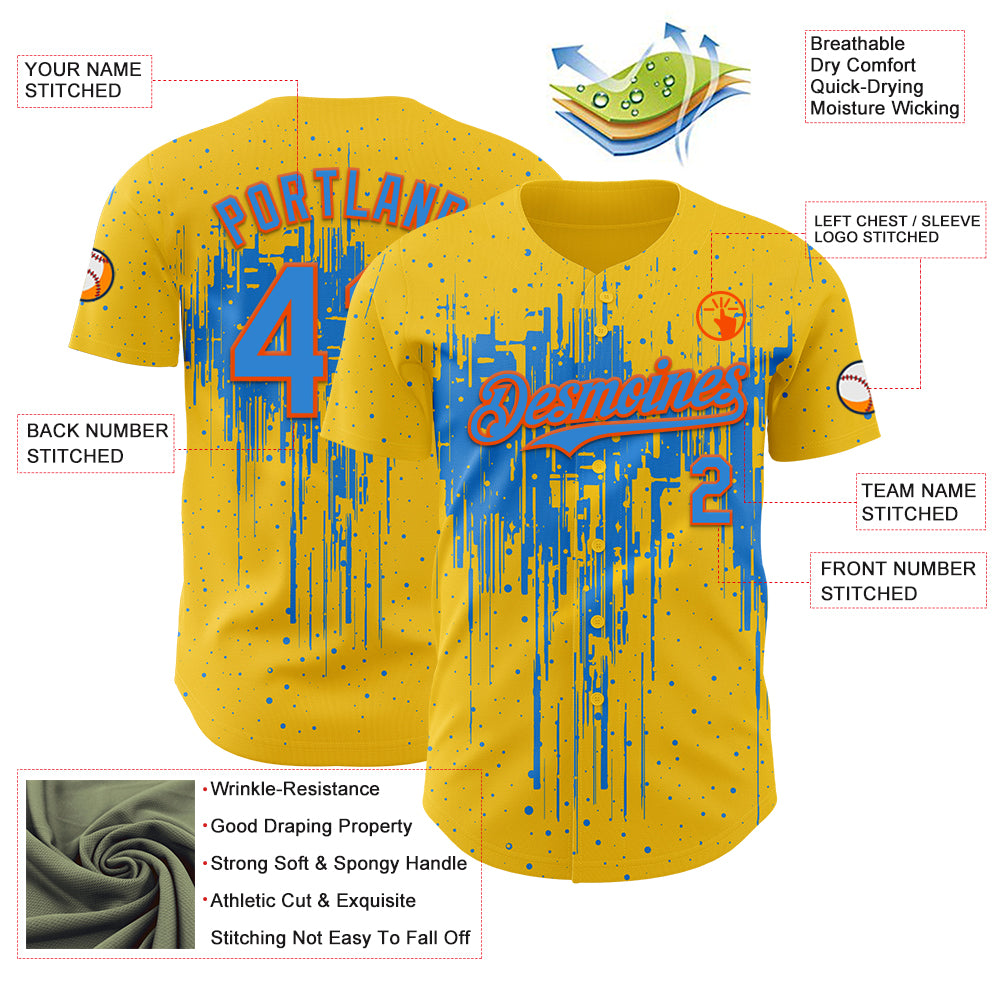 Custom Yellow Powder Blue-Orange Dripping Splatter Paint Authentic Baseball Jersey view 3