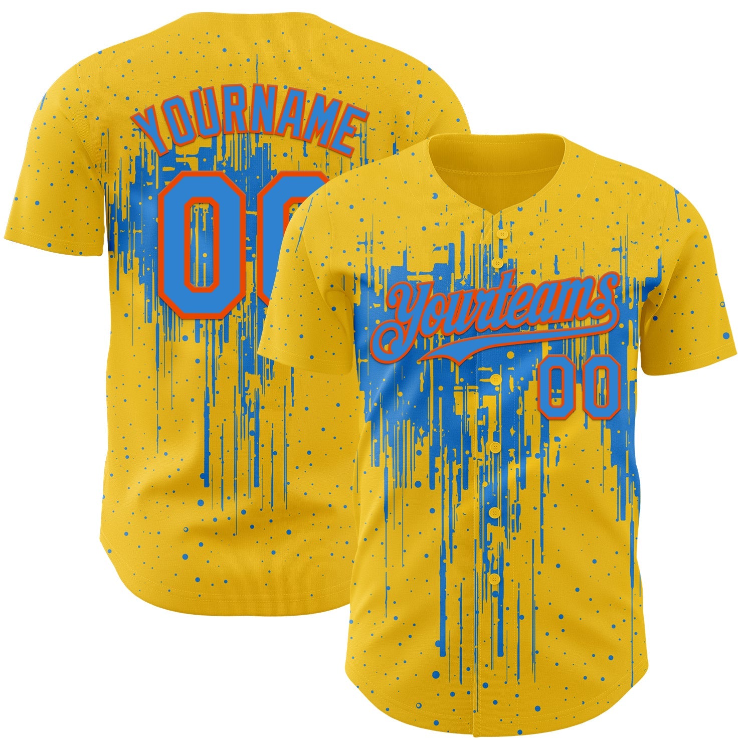 Custom Yellow Powder Blue-Orange Dripping Splatter Paint Authentic Baseball Jersey - Main View