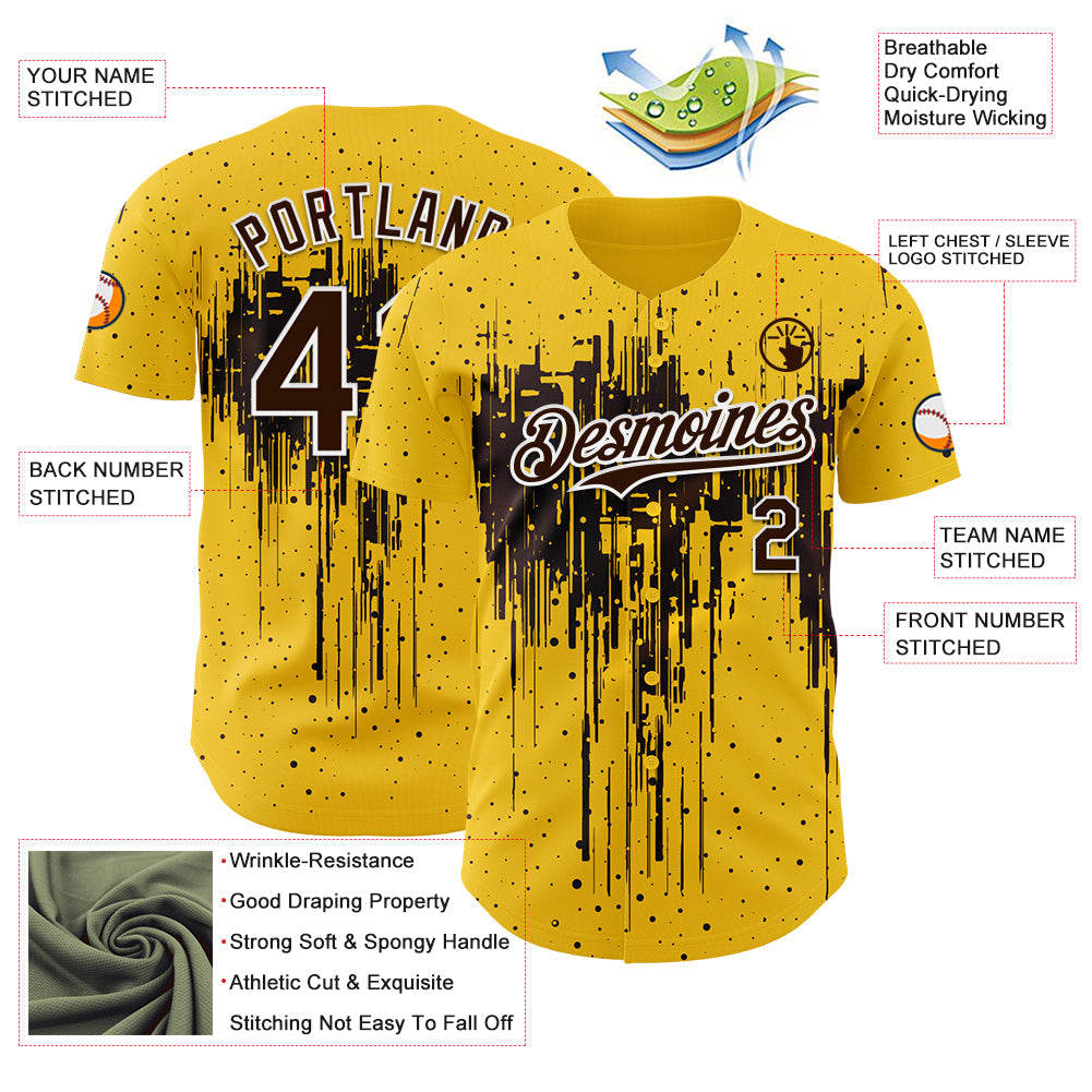 Custom Yellow Brown-White Dripping Splatter Paint Authentic Baseball Jersey view 3