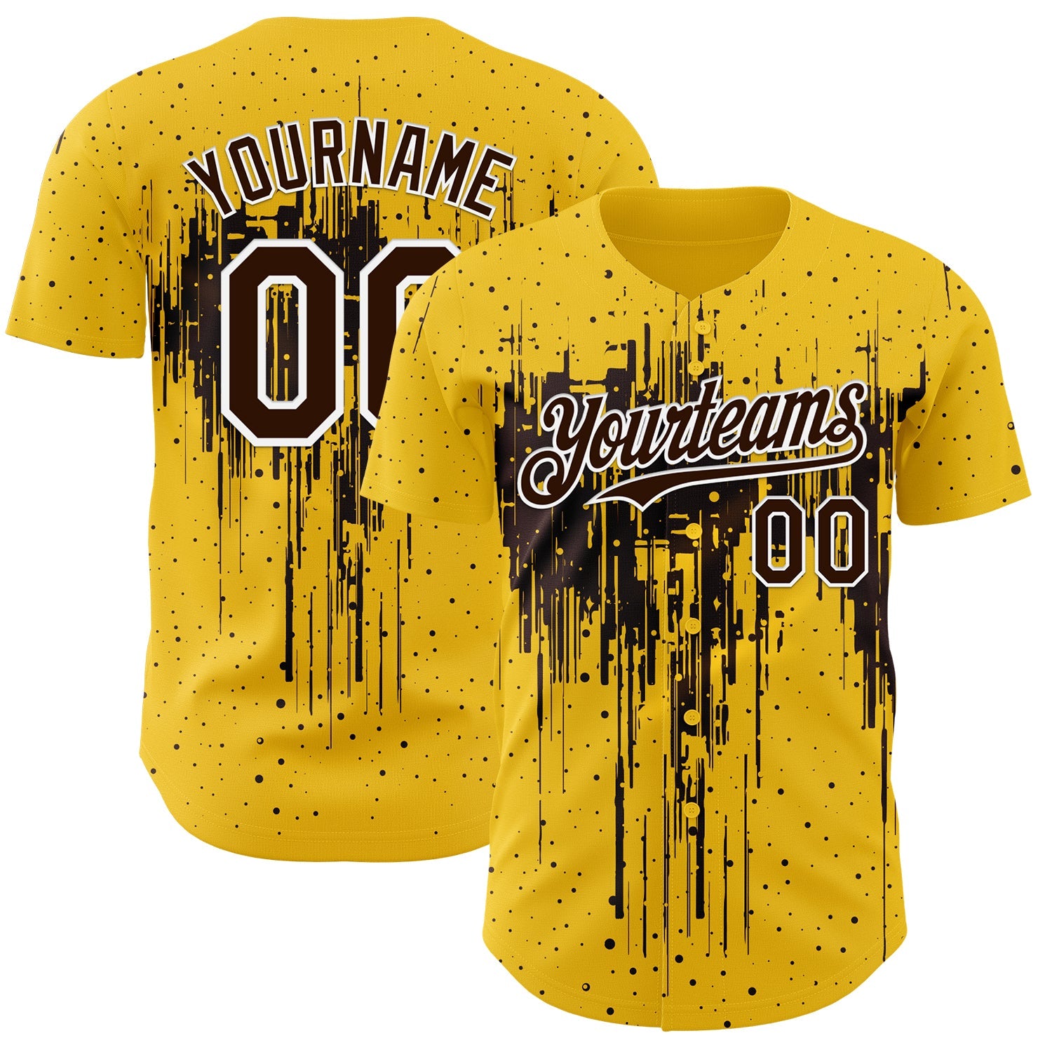 Custom Yellow Brown-White Dripping Splatter Paint Authentic Baseball Jersey - Main View
