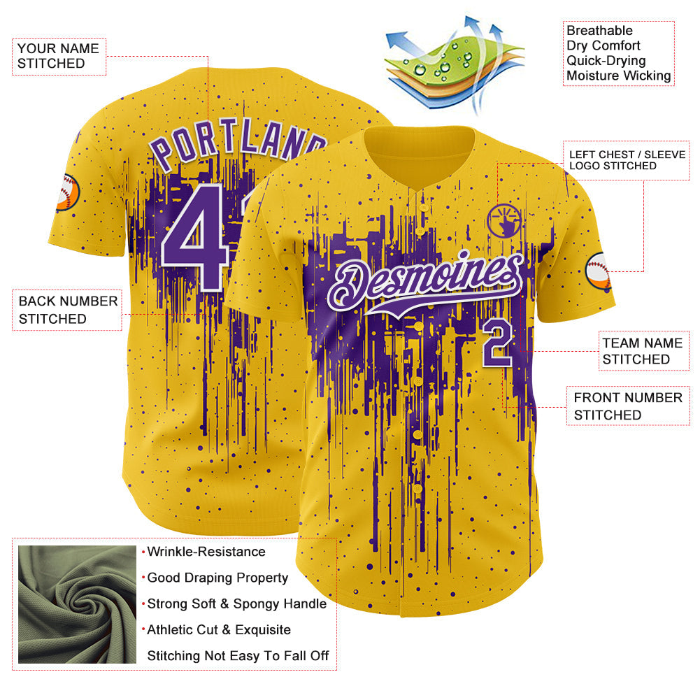 Custom Yellow Purple-White Dripping Splatter Paint Authentic Baseball Jersey view 3