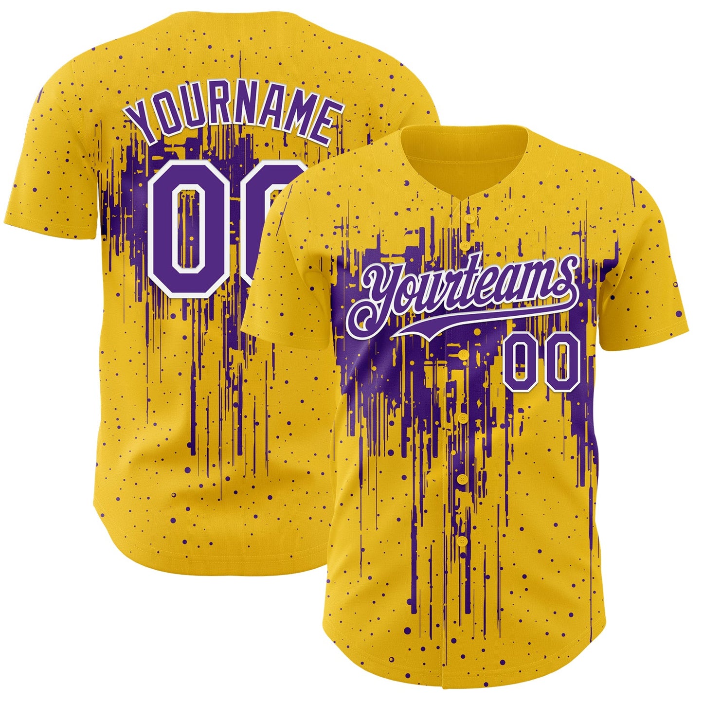 Custom Yellow Purple-White Dripping Splatter Paint Authentic Baseball Jersey - Main View