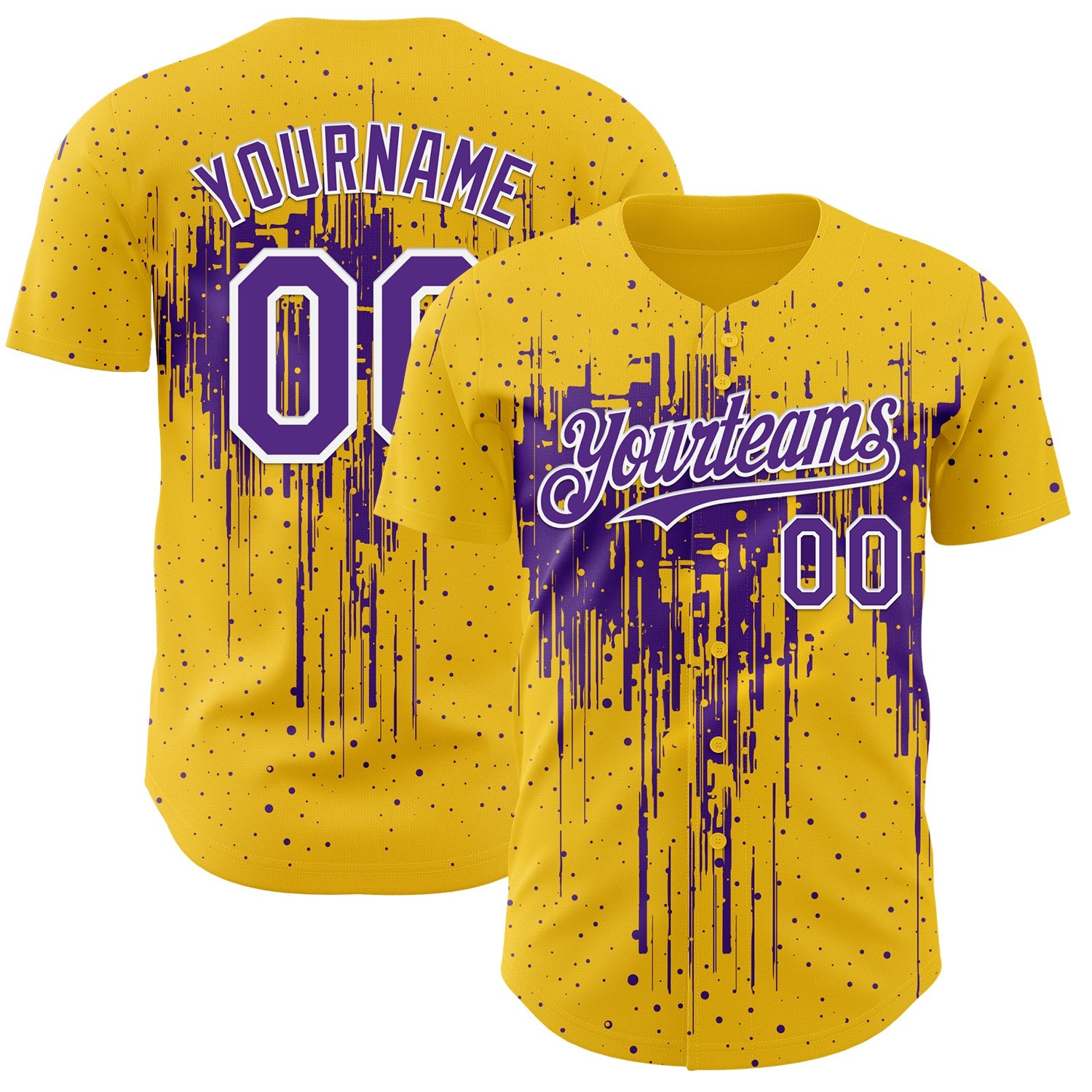 Custom Yellow Purple-White Dripping Splatter Paint Authentic Baseball Jersey - Main View