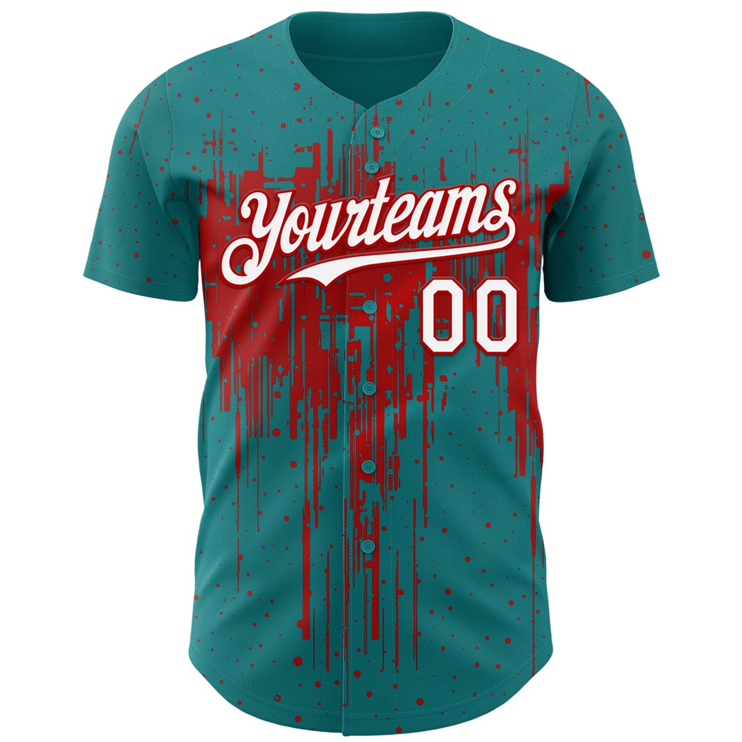 Custom Teal White-Red Dripping Splatter Paint Authentic Baseball Jersey view 2