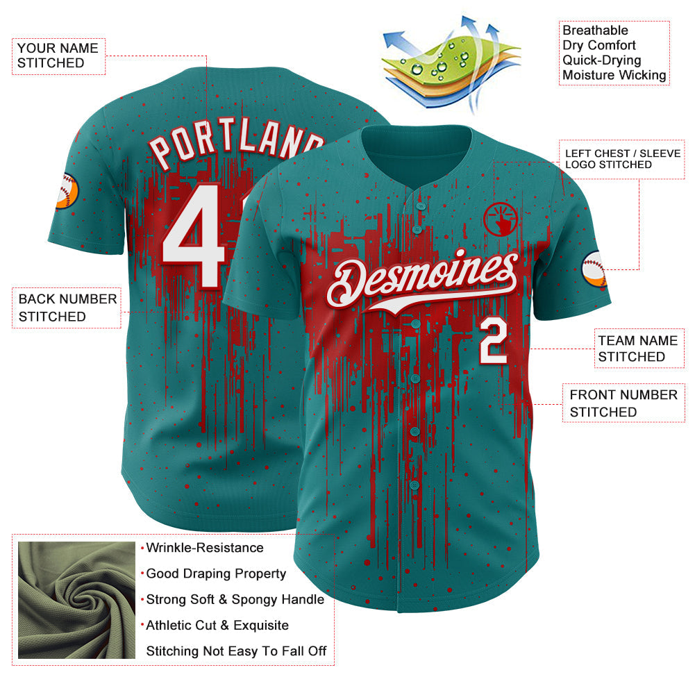 Custom Teal White-Red Dripping Splatter Paint Authentic Baseball Jersey view 3
