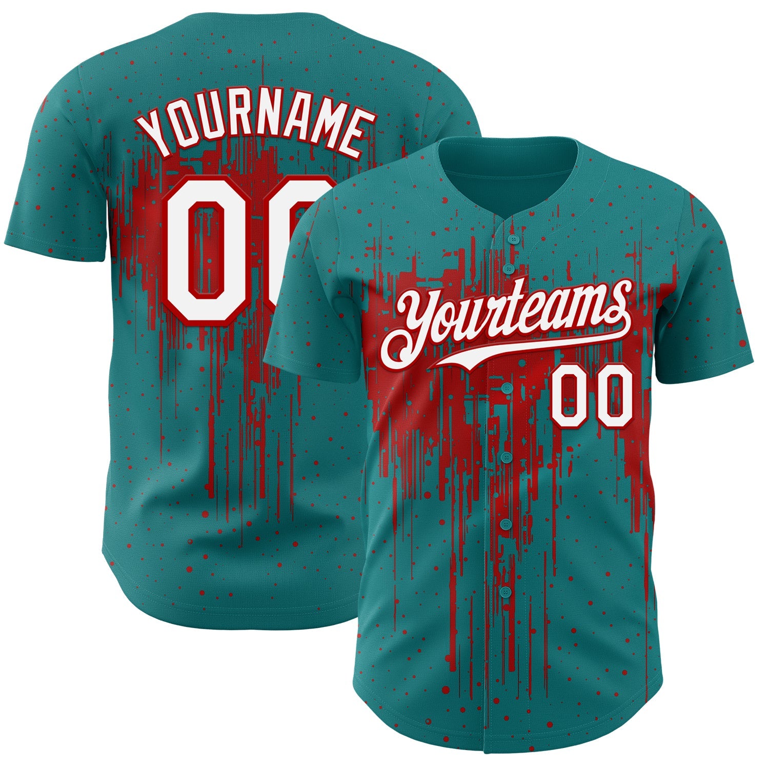 Custom Teal White-Red Dripping Splatter Paint Authentic Baseball Jersey - Main View