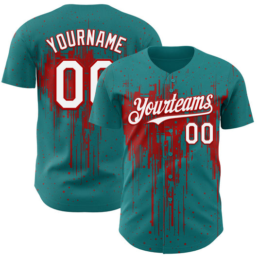 Custom Teal White-Red Dripping Splatter Paint Authentic Baseball Jersey - Main View