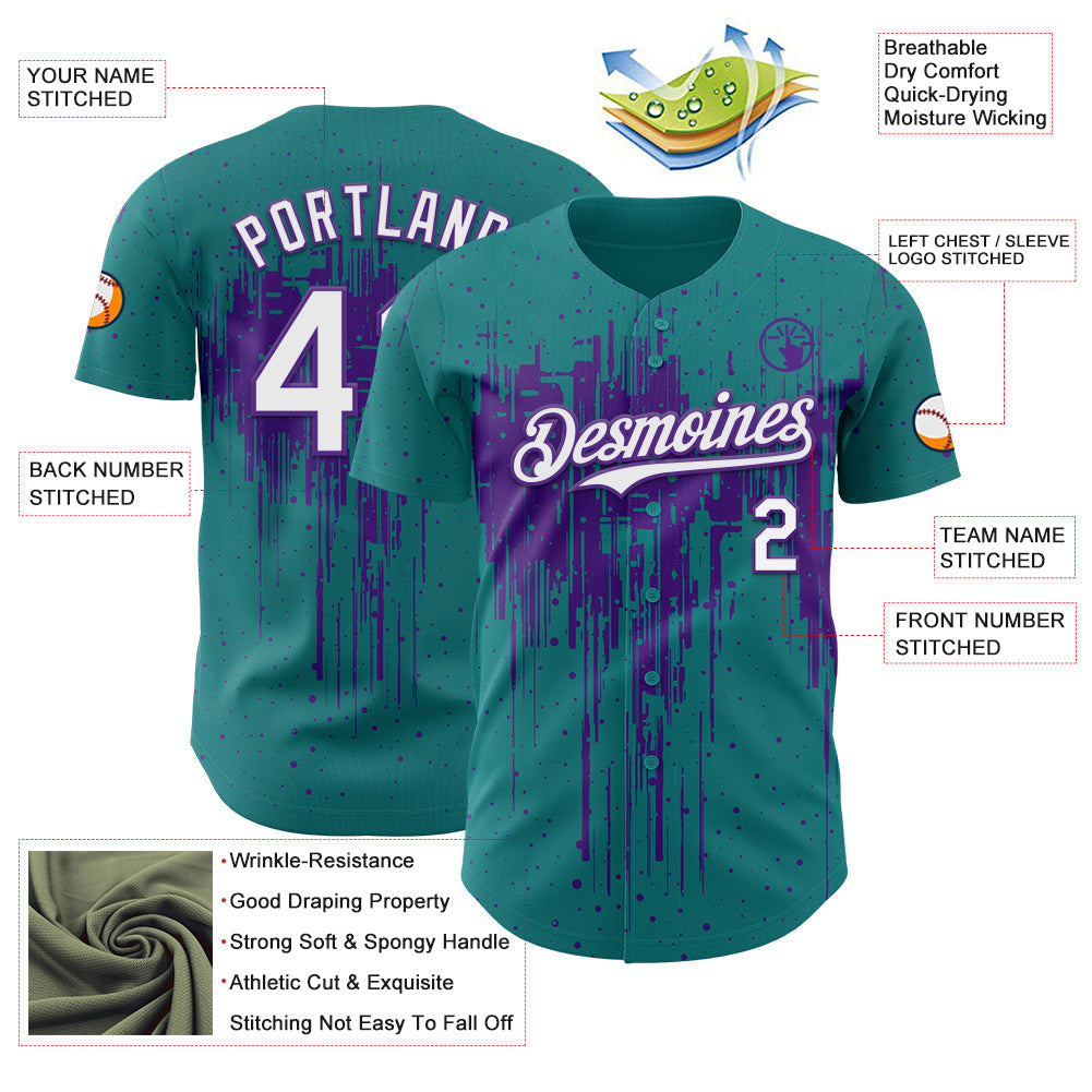 Custom Teal White-Purple Dripping Splatter Paint Authentic Baseball Jersey view 3
