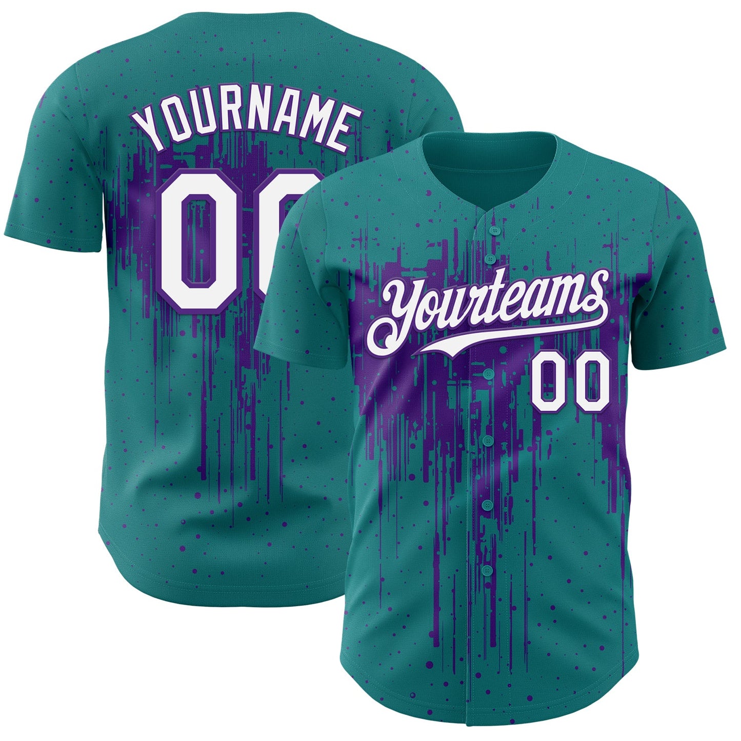 Custom Teal White-Purple Dripping Splatter Paint Authentic Baseball Jersey - Main View