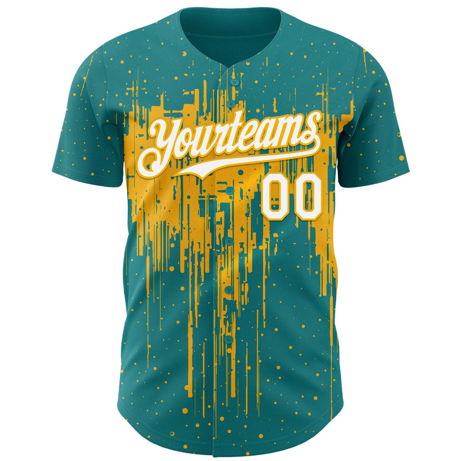 Custom Teal White-Gold Dripping Splatter Paint Authentic Baseball Jersey view 2