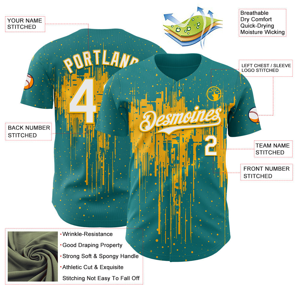 Custom Teal White-Gold Dripping Splatter Paint Authentic Baseball Jersey view 3