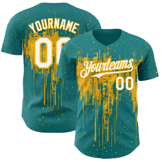 Custom Teal White-Gold Dripping Splatter Paint Authentic Baseball Jersey - Main View