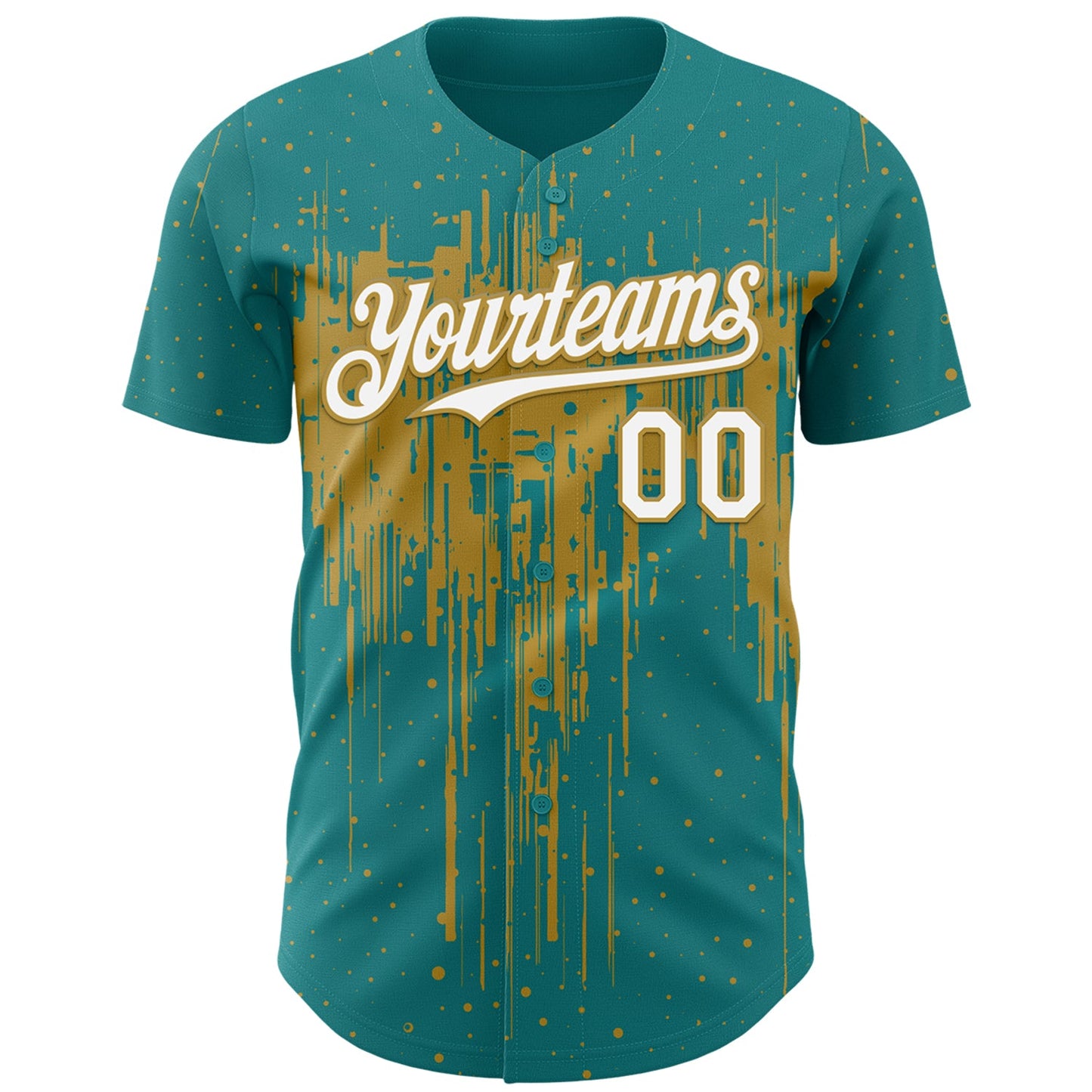 Custom Teal White-Old Gold Dripping Splatter Paint Authentic Baseball Jersey view 2