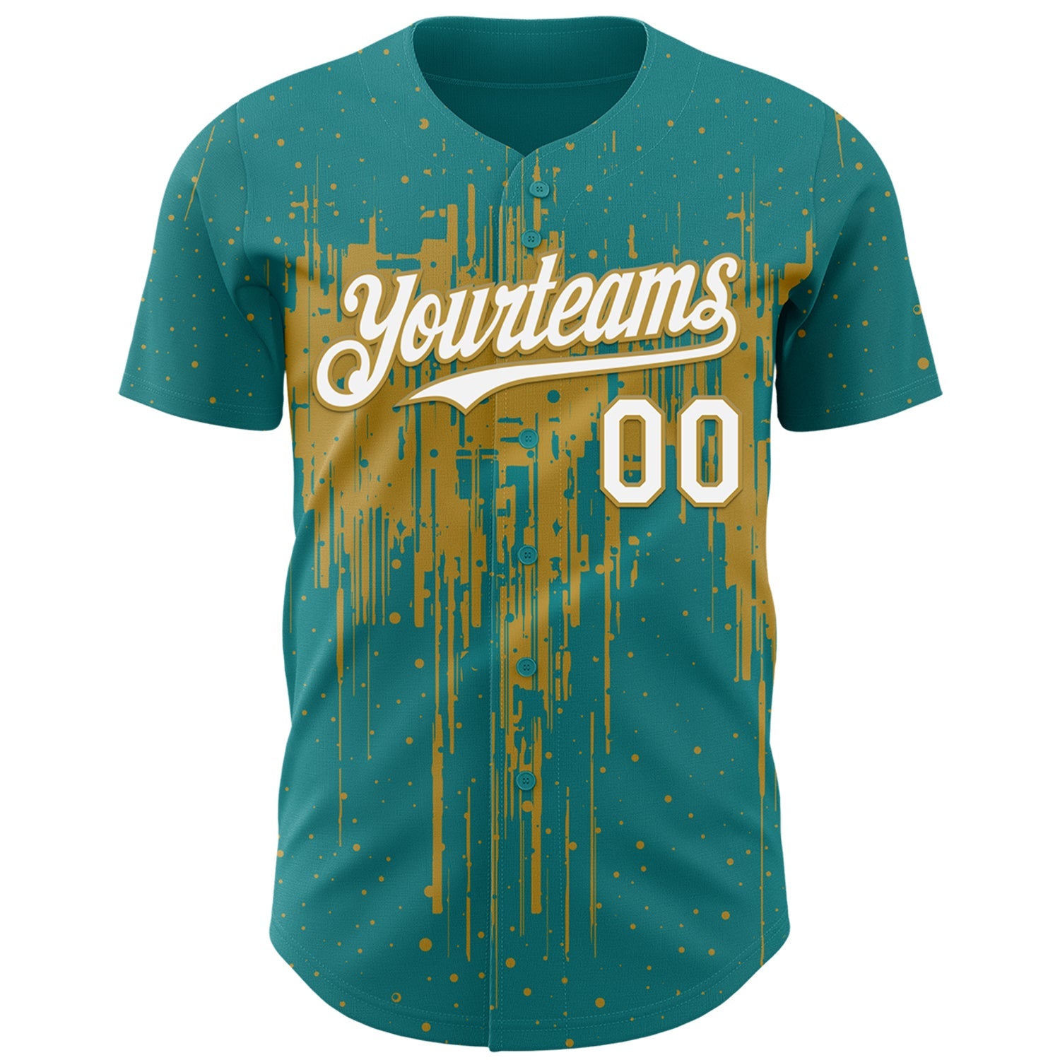 Custom Teal White-Old Gold Dripping Splatter Paint Authentic Baseball Jersey view 2