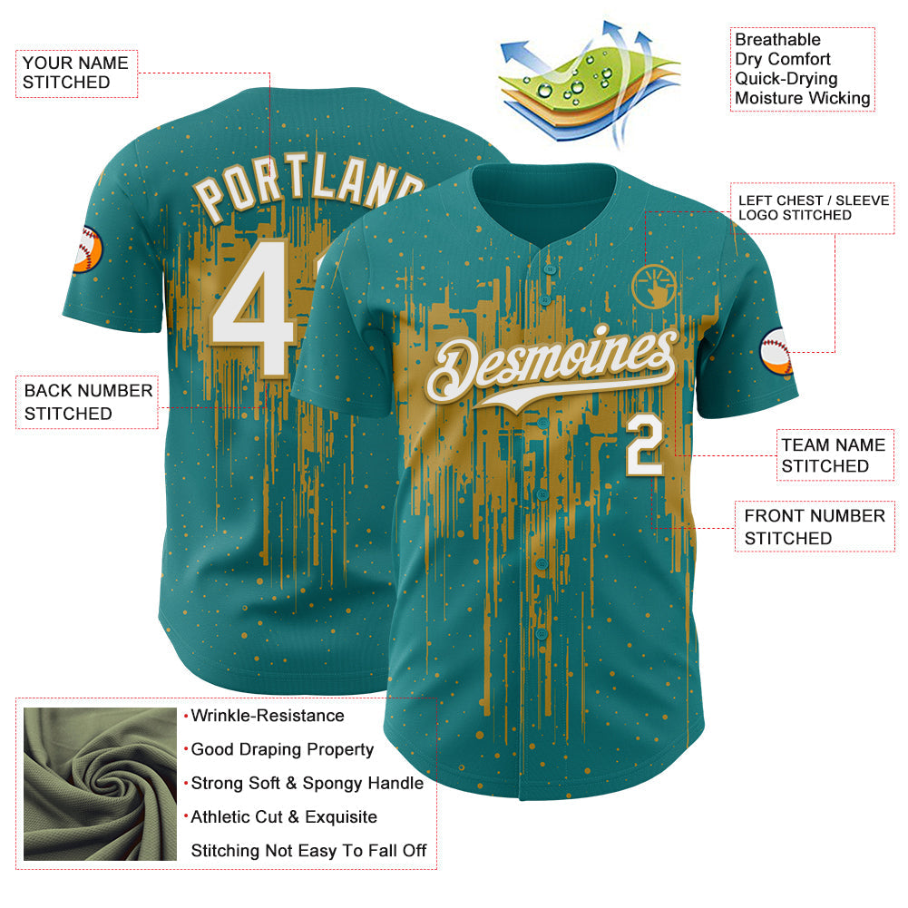 Custom Teal White-Old Gold Dripping Splatter Paint Authentic Baseball Jersey view 3