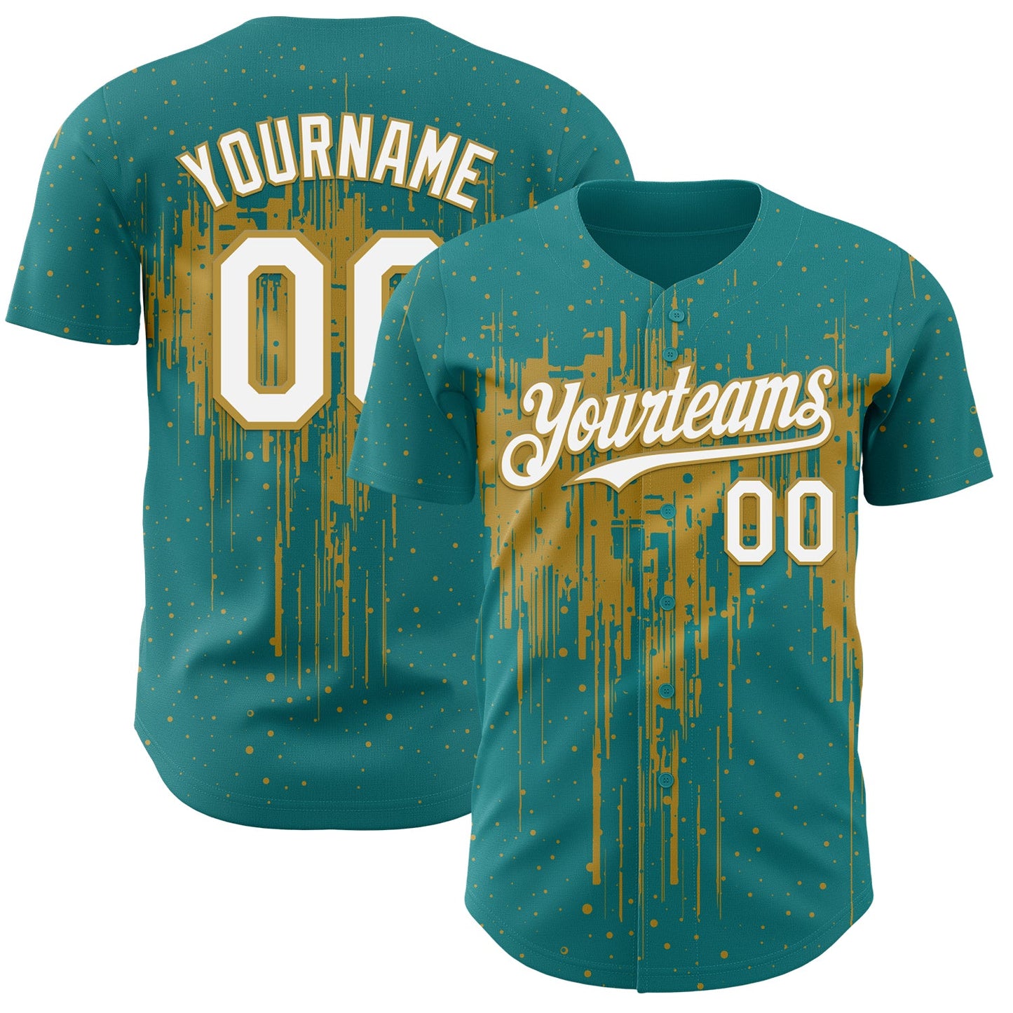 Custom Teal White-Old Gold Dripping Splatter Paint Authentic Baseball Jersey - Main View
