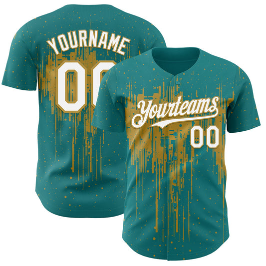Custom Teal White-Old Gold Dripping Splatter Paint Authentic Baseball Jersey - Main View