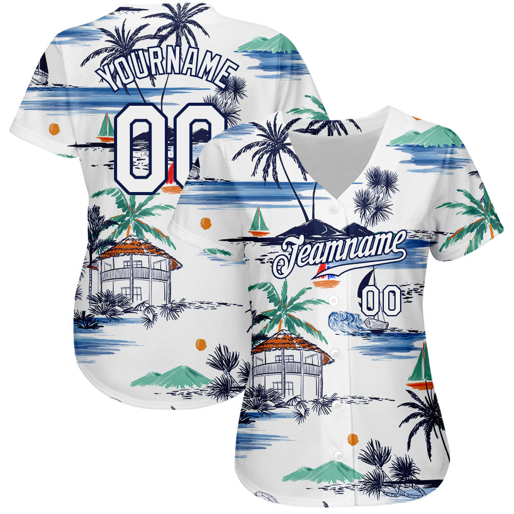 Custom White Navy 3D Pattern Design Hawaii Palm Trees Island And Sailboat Authentic Baseball Jersey view 2