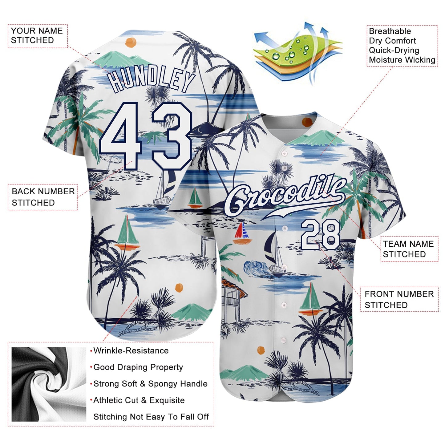 Custom White Navy 3D Pattern Design Hawaii Palm Trees Island And Sailboat Authentic Baseball Jersey view 3