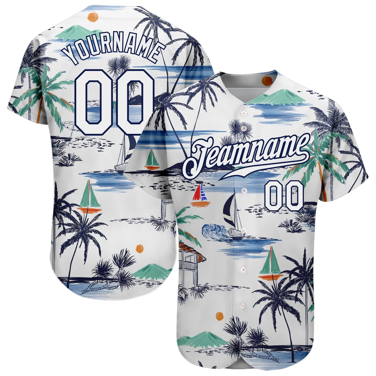 Custom White Navy 3D Pattern Design Hawaii Palm Trees Island And Sailboat Authentic Baseball Jersey - Main View