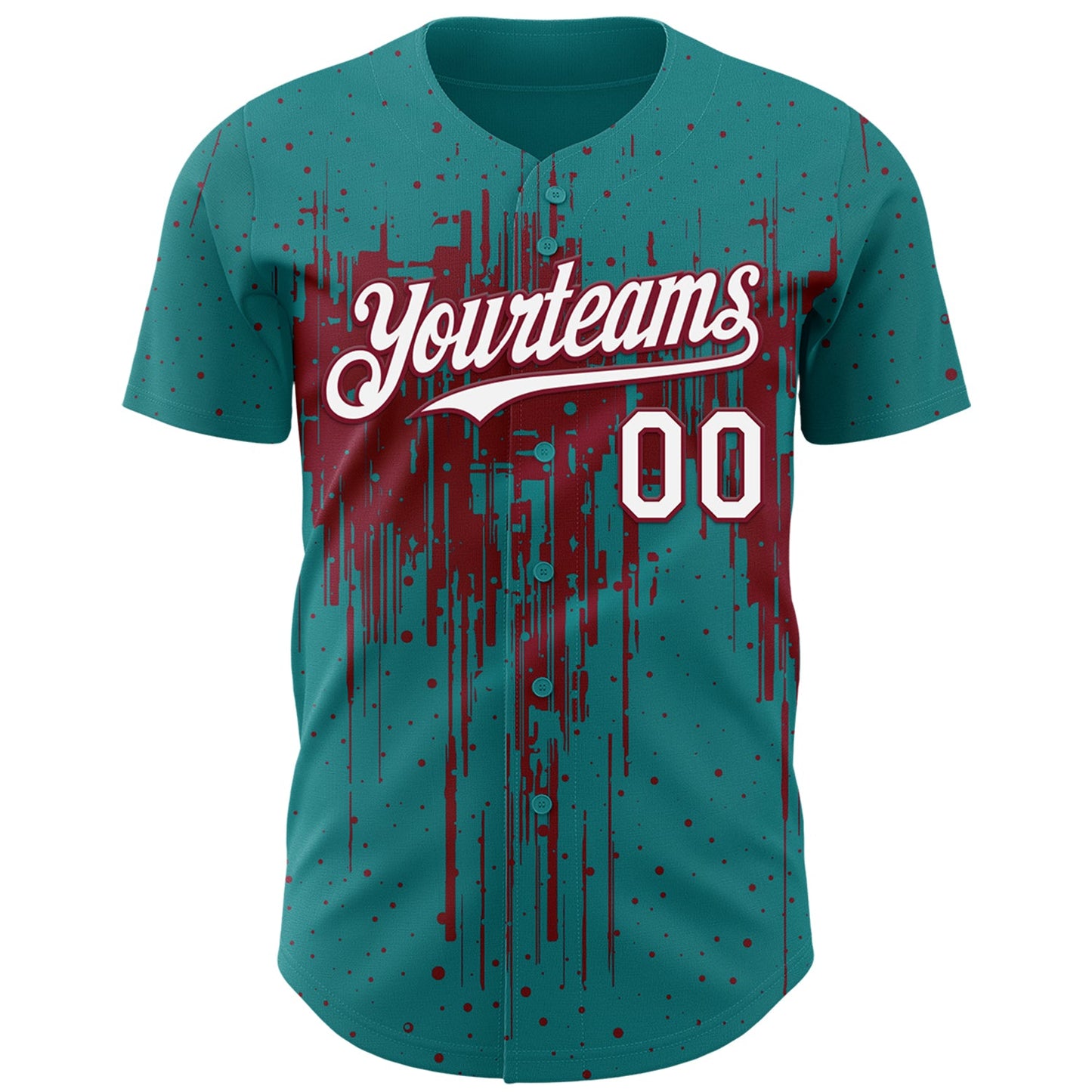 Custom Teal White-Crimson Dripping Splatter Paint Authentic Baseball Jersey view 2