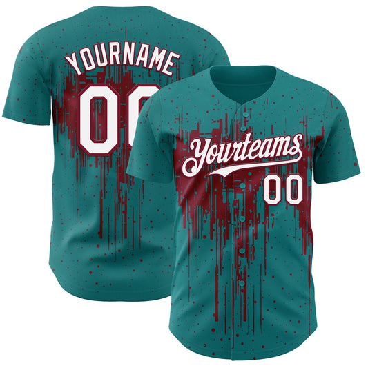 Custom Teal White-Crimson Dripping Splatter Paint Authentic Baseball Jersey - Main View