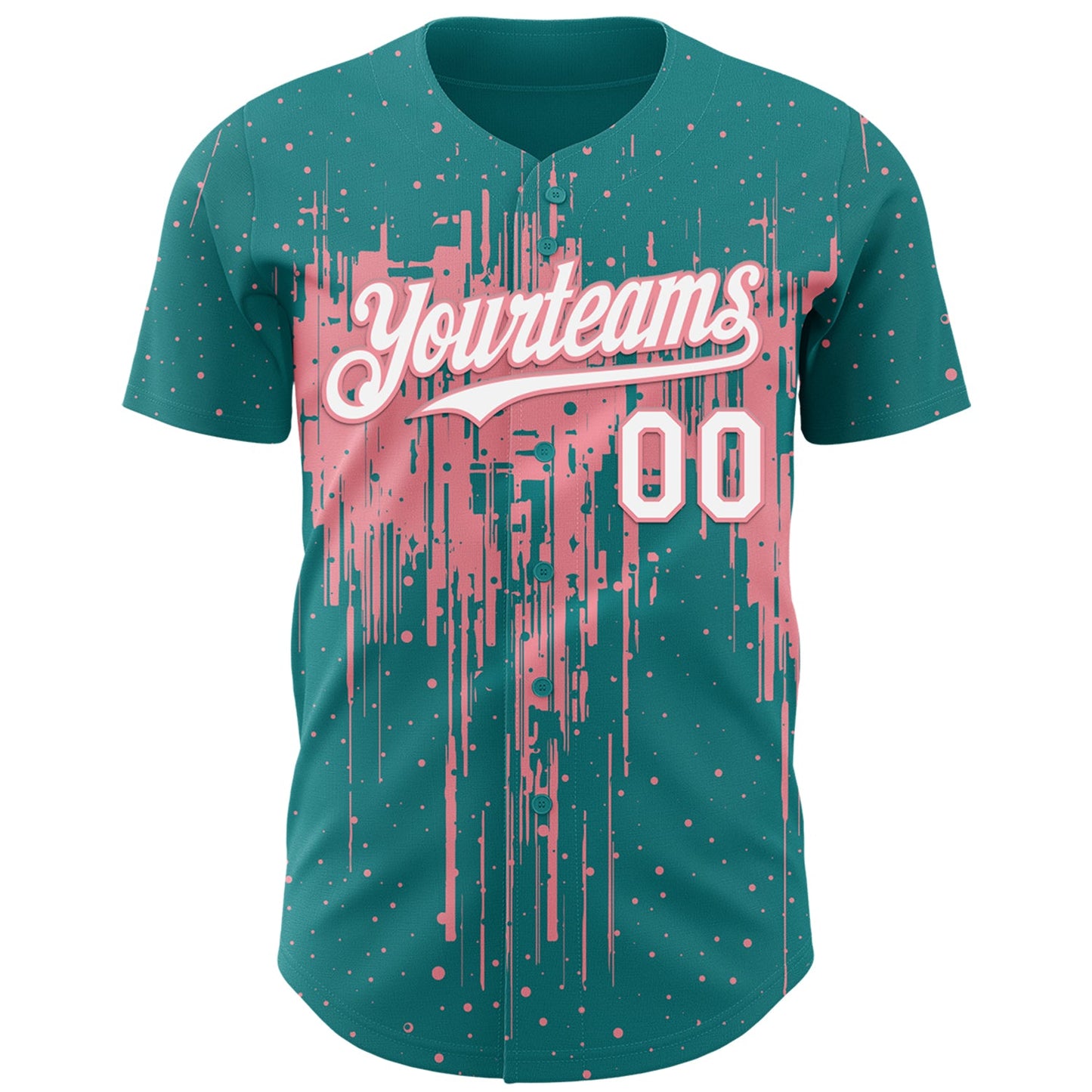 Custom Teal White-Medium Pink Dripping Splatter Paint Authentic Baseball Jersey view 2