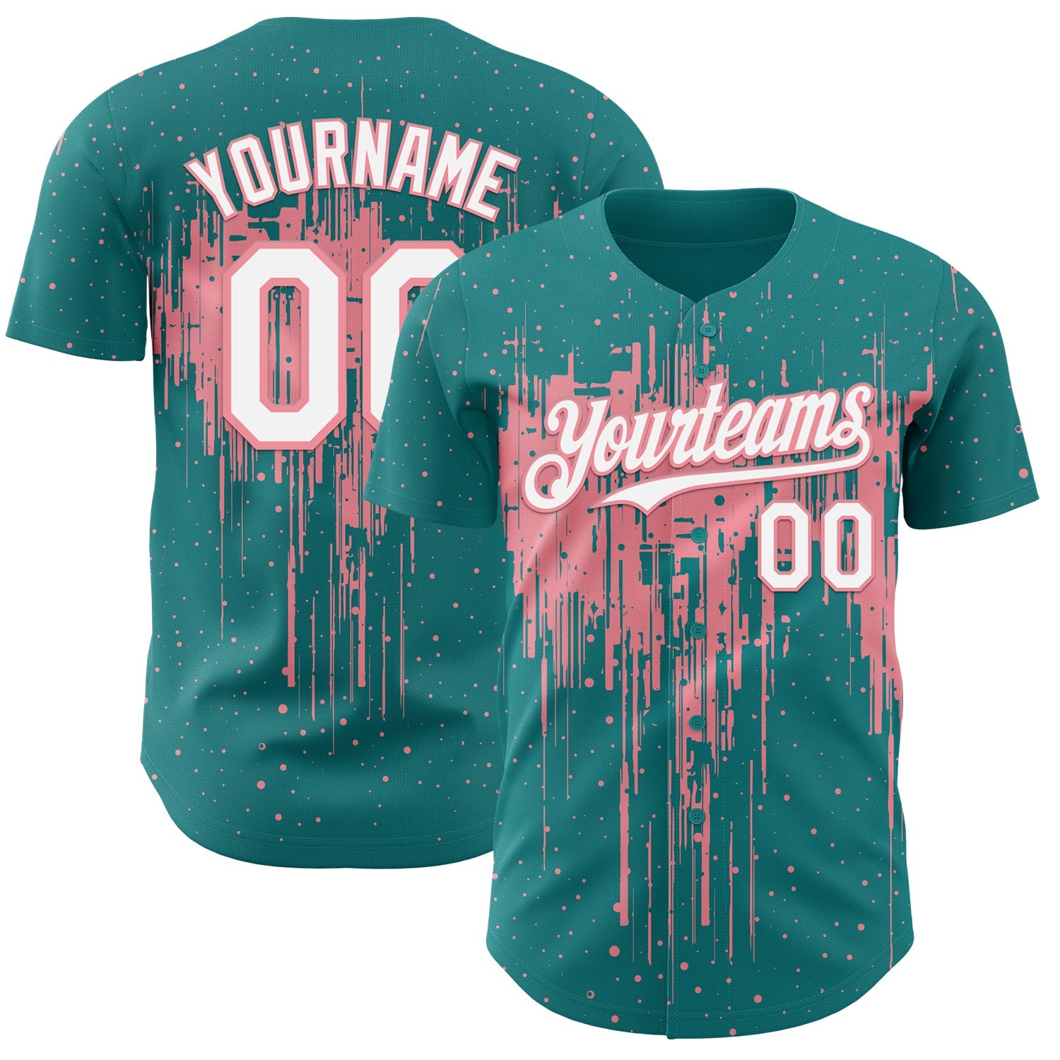 Custom Teal White-Medium Pink Dripping Splatter Paint Authentic Baseball Jersey - Main View