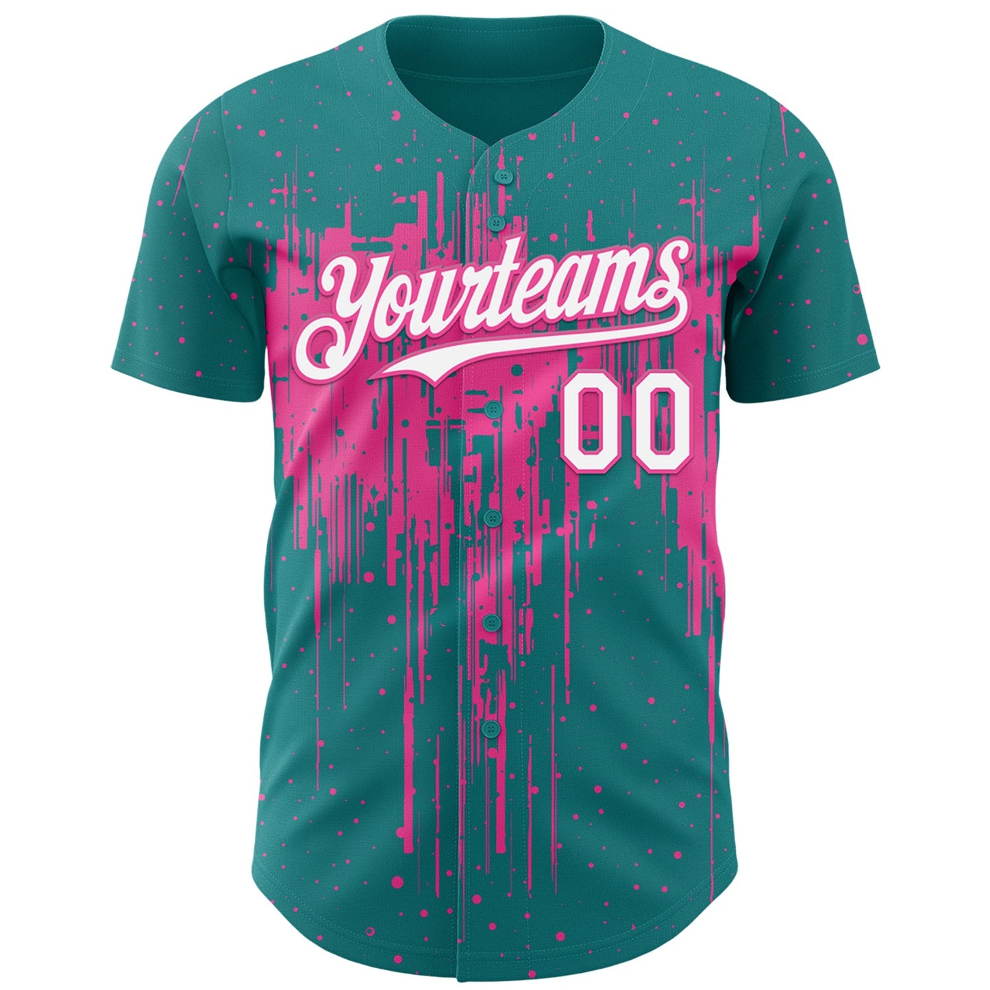 Custom Teal White-Pink Dripping Splatter Paint Authentic Baseball Jersey view 2