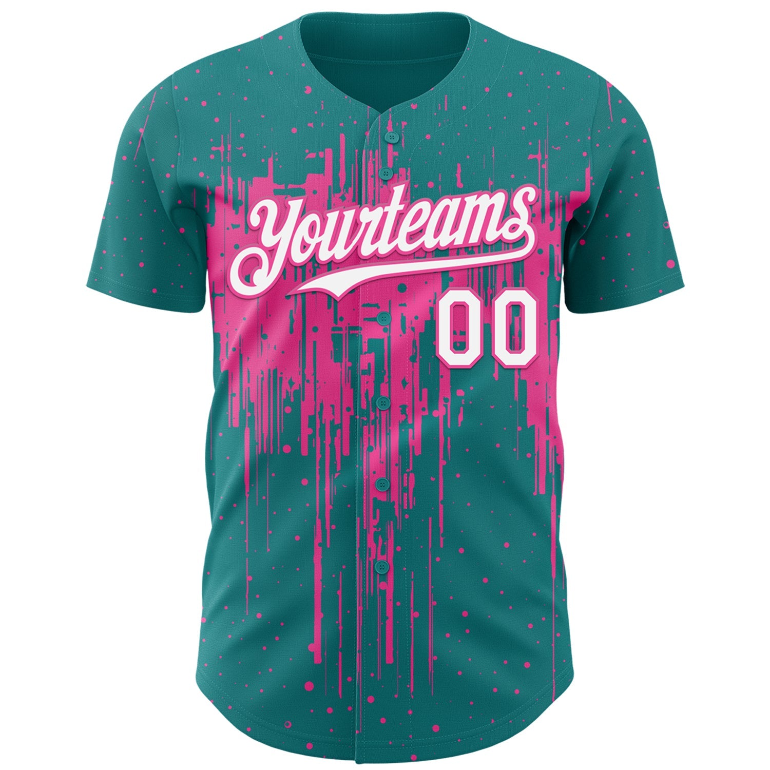 Custom Teal White-Pink Dripping Splatter Paint Authentic Baseball Jersey view 2